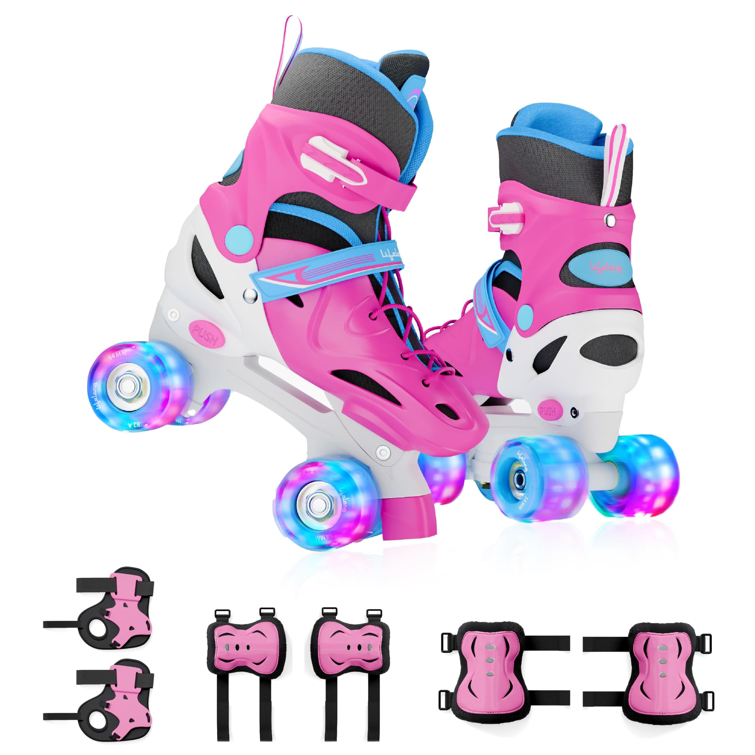 Lifelong Kids Adjustable Skating Shoes with LED Lights – Inline Roller Skating with Adjustable Size, Playful Lighting with Safety Pads, 1 Pair of Skates, Durable Frame – Pink, M (21-23.5 cm)
