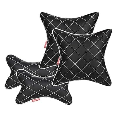 Double Quilted Combo Set/Car Neckrest Pillow + Car Cushion (Set of 4, Black and Silver)