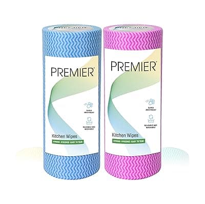 Premier Reusable &amp; Washable Kitchen Towel Wipes (160 Sheets) | 80 Pulls (Pack of 2) | Size - 21 x 21cms| Non Woven Kitchen Tissue Roll, Multi-Purpose, Super Absorbent, Washable Cleaning Wipes