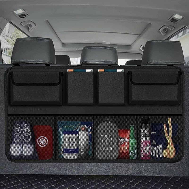 Car Back Seat Organizer with Multiple Pockets, Adjustable Straps and Mesh Storage, Black