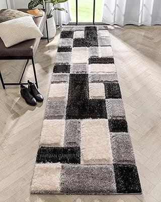 Modern Geometric Bedside Runner Mat 3D Textured Thick and Soft Shaggy Fur Rug &amp; Carpet (2x6 Feet - Small Size, Color - Black Silver Ivory)