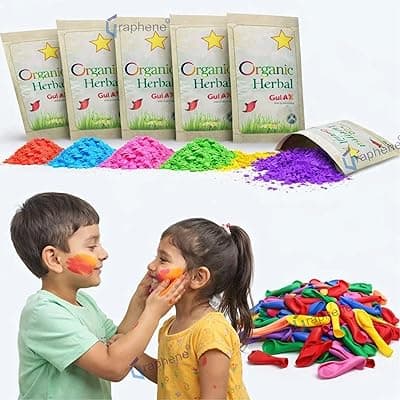 GRAPHENE Holi Combo Herbal Fruit Gulal Pack of 6 with 100 Water Balloons Herbal Eco Friendly Non-Toxic Abeer Rang Quick Fill Easy Tie Balloons Vibrant Colors for Kids Pool Party Boys Girls