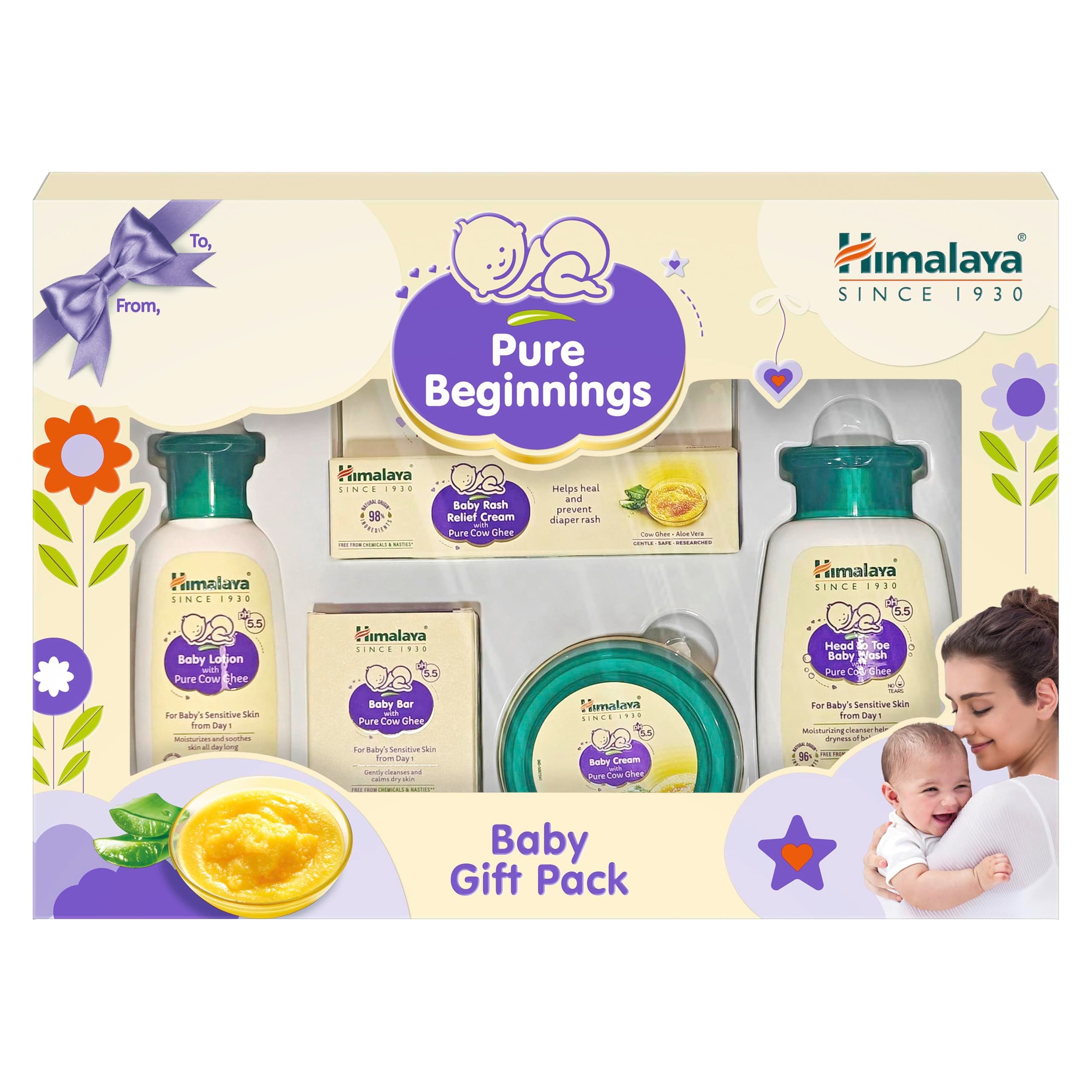 Himalaya Ghee Baby Gift Pack of 5|Moisturizing Skincare Regime|Curated for Gifting|Himalaya Ghee Baby Wash, Bar, Lotion, Cream, Rash Relief Cream|Dermat Tested|Safe from Day 1