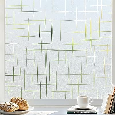 ELORAA Glass Film for Privacy Frosted Cross Pattern for Window Covering Static Cling Non-Adhesive, Heat Control UV Blocking for Home, Office &amp; Bathroom (Cross Pattern | 12 Inch X 120 Inch)