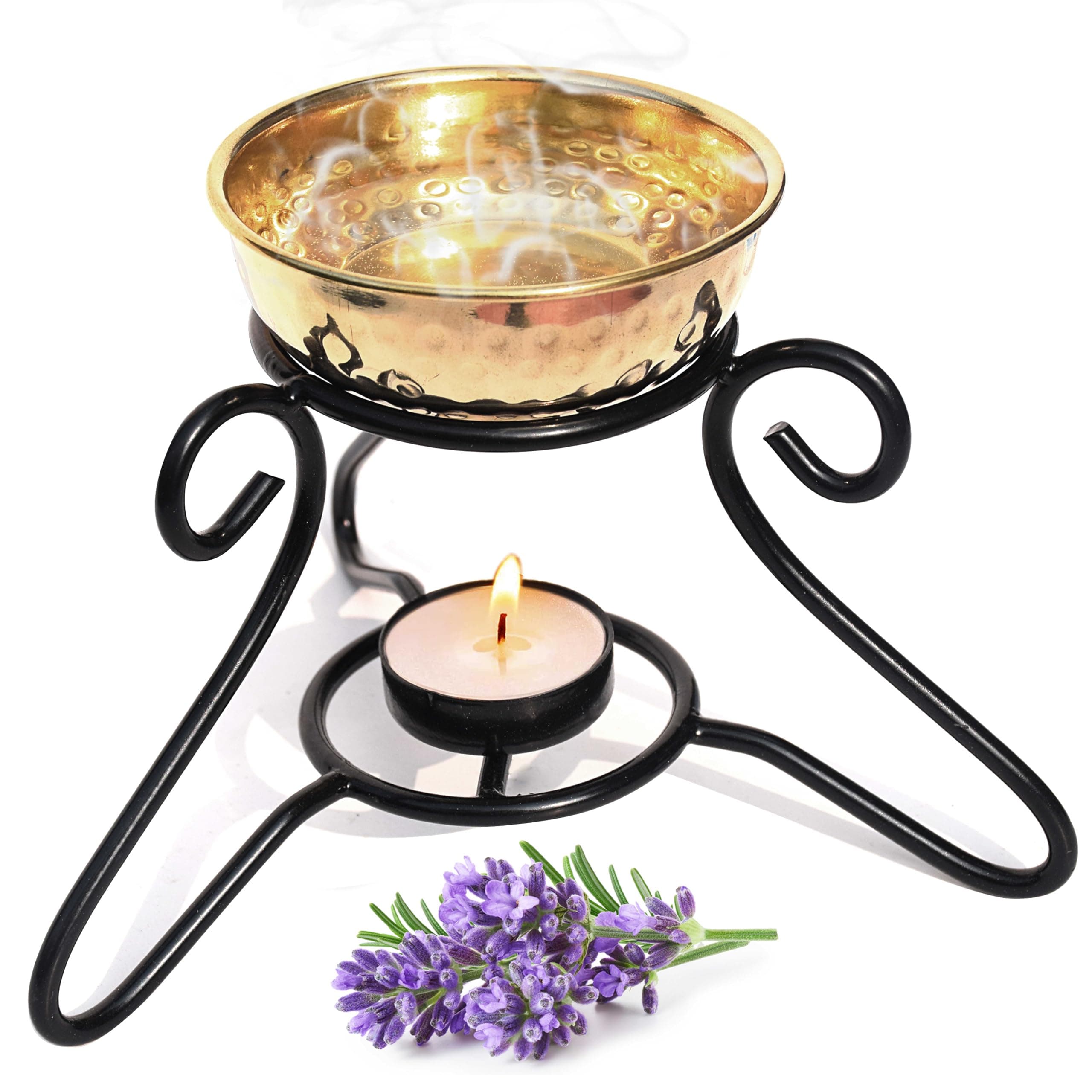 Pure Source India Oil Diffuser Set with Metal Powder Coated Stand and Pure Brass Bowl with 1 Tea Light and 10 ML Lemon Grass Aroma .(Oil Diffuser Set)