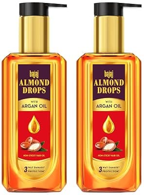 Bajaj Almond Drops Almond + Argan Hair Oil - 200Ml | Provides 3-Way Damage Protection | For Soft And Shiny Hair | Non-Sticky Formula | With Almond Oil &amp; Argan Oil (Pack of 2)