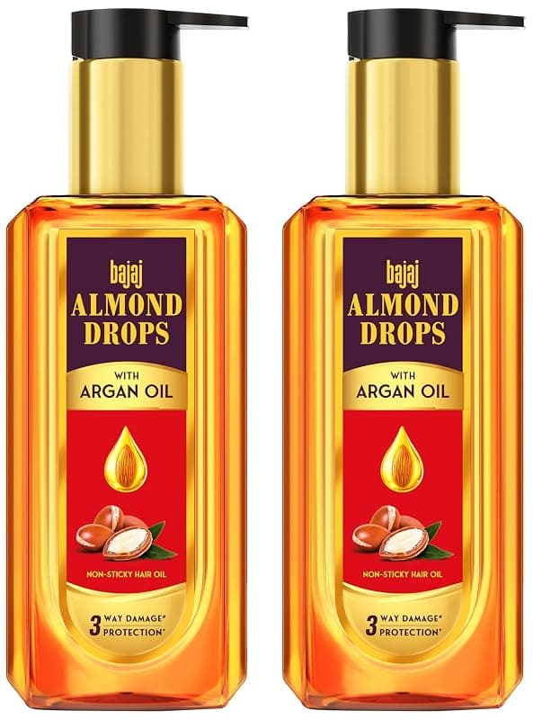 Bajaj Almond Drops Almond + Argan Hair Oil - 200Ml | Provides 3-Way Damage Protection | For Soft And Shiny Hair | Non-Sticky Formula | With Almond Oil &amp; Argan Oil (Pack of 2)
