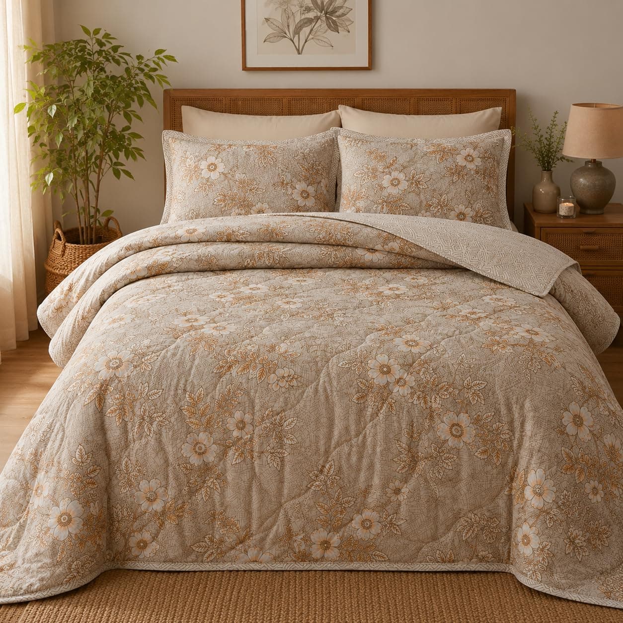 Linen and Loom 100% Cotton Quilted Comforter Set with 2 Matching Pillow Covers | Floral Print, Lightweight Breathable Bedding for Mild Winters | 90" x 100", Beige
