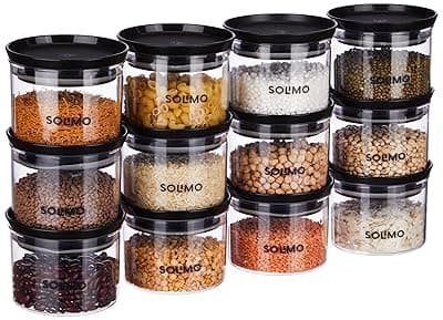 Amazon Brand - Solimo Plastic Storage Jar and Container Set I Air Tight &amp; BPA Free Containers for Kitchen Storage Set I Grocery Kitchen Container Set I Multipurpose Jar, 500 Ml Each, Set 12, Black