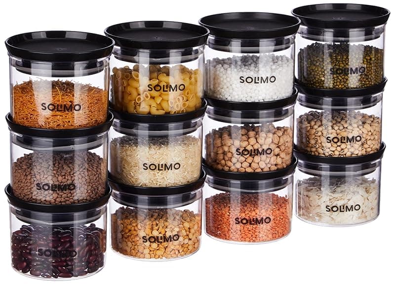 Amazon Brand - Solimo Plastic Storage Jar and Container Set I Air Tight &amp; BPA Free Containers for Kitchen Storage Set I Grocery Kitchen Container Set I Multipurpose Jar, 500 Ml Each, Set 12, Black