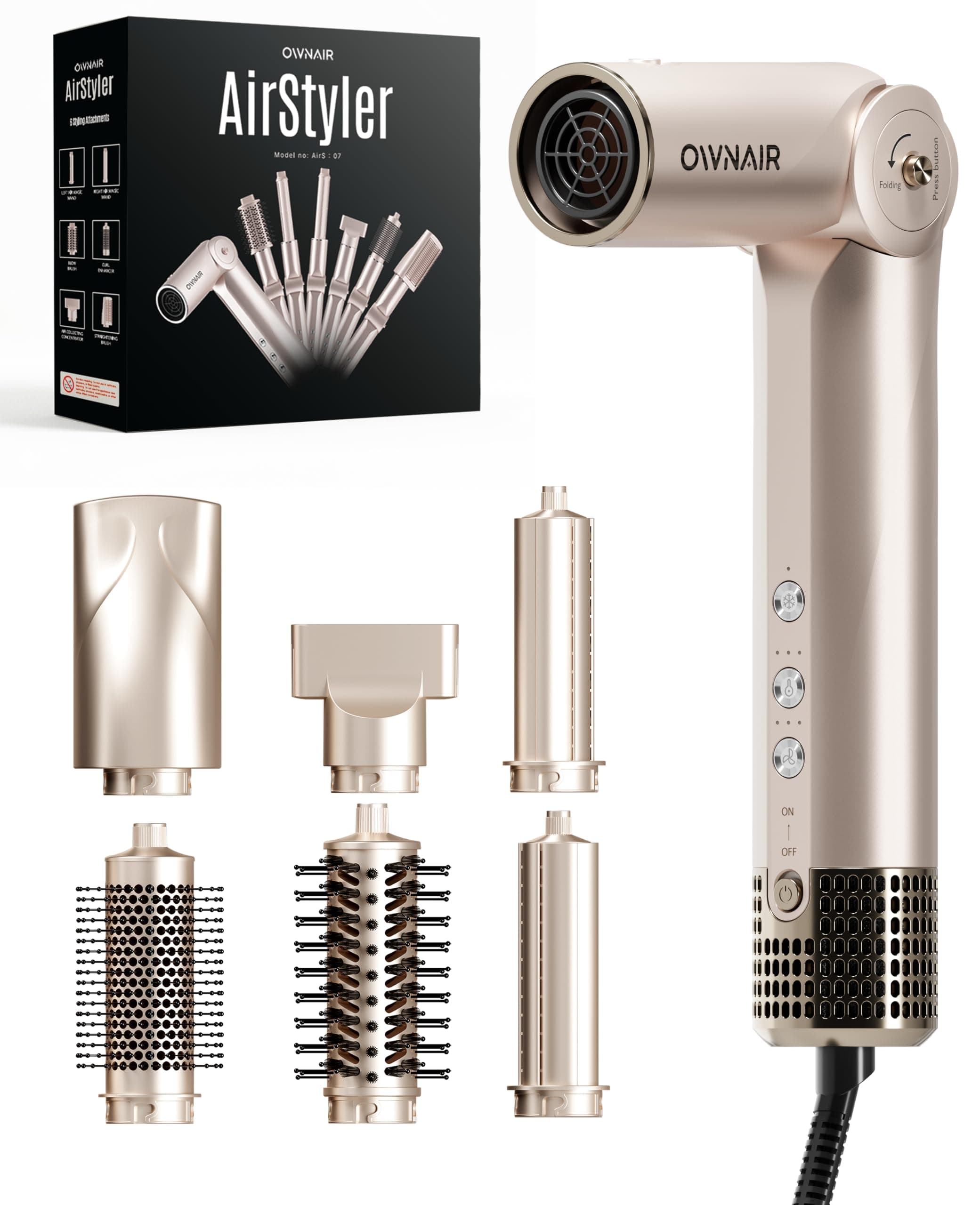 OWNAIR 6-in-1 Hair Styler with Dryer – Auto Air Curler, Straightening Brush, Volumizing Round Brush & Curl Enhancer | 110,000 RPM BLDC Motor | 90° Foldable Handle | 360° Swivel Cord | For All Indian Hair Types (Champagne Gold)