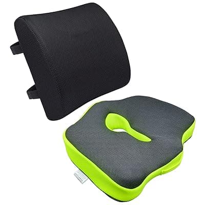 Sleepsia Coccyx Orthopedic Seat Cushion to Relief Lower Back and Tail Bone Pain &amp; Memory Foam Lumbar Back Support, Car Cushion, Office Chair Combo