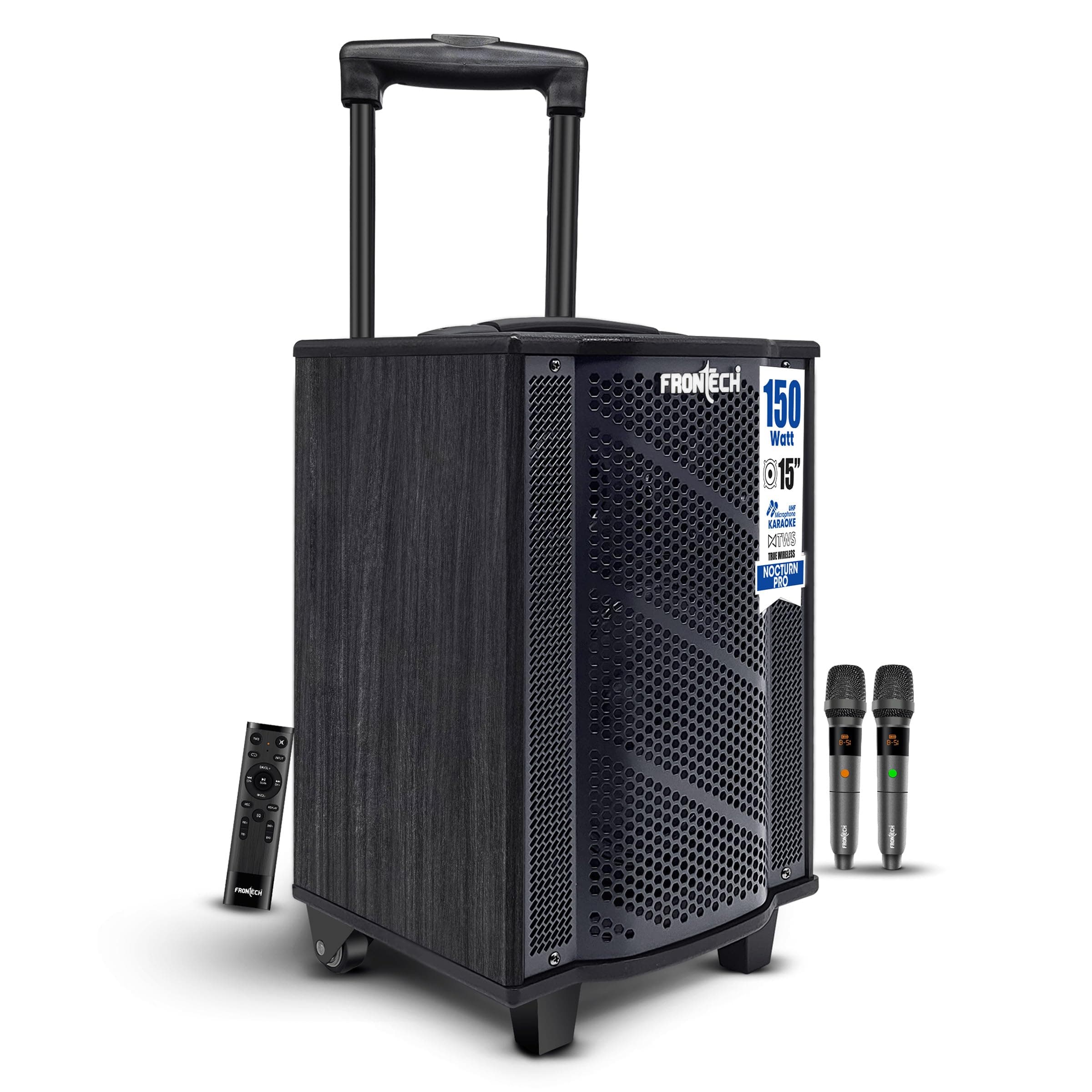 FRONTECH Nocturn Pro Trolley Speaker | 150W Powerful Sound | Dual Wireless Microphones | USB/TF/Bluetooth/FM | Guitar & MIC Input | Rechargeable Battery (SW-0211, Black)