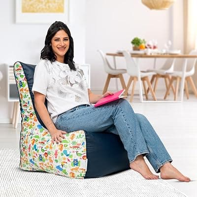 Amazon Brand - Solimo Premium Faux Leather Bean Bag Chair Filled with Beans | Capacity: Upto 6 Ft 3 in Height, 120 KG Weight | Animal Print | Blue