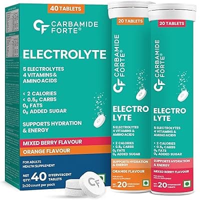 Carbamide Forte Electrolyte Effervescent Tablets for Sustained Energy &amp; Hydration with 5 Essential Electrolytes no sugar + 4 Vitamins &amp; Amino Acids | Pack of 20 Tablets x 2