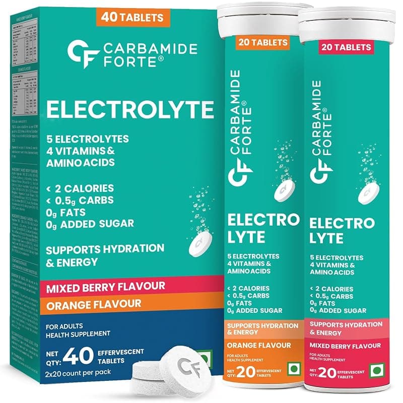 Carbamide Forte Electrolyte Effervescent Tablets for Sustained Energy &amp; Hydration with 5 Essential Electrolytes no sugar + 4 Vitamins &amp; Amino Acids | Pack of 20 Tablets x 2