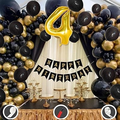 Mystic Toy Store 4th Birthday Decoration Items for Black and Gold Theme Combination for Boys Girls | 50 Pcs Black Gold Balloon | Black Birthday Banner | Balloon Pump | Arch Tape | Glue Dots