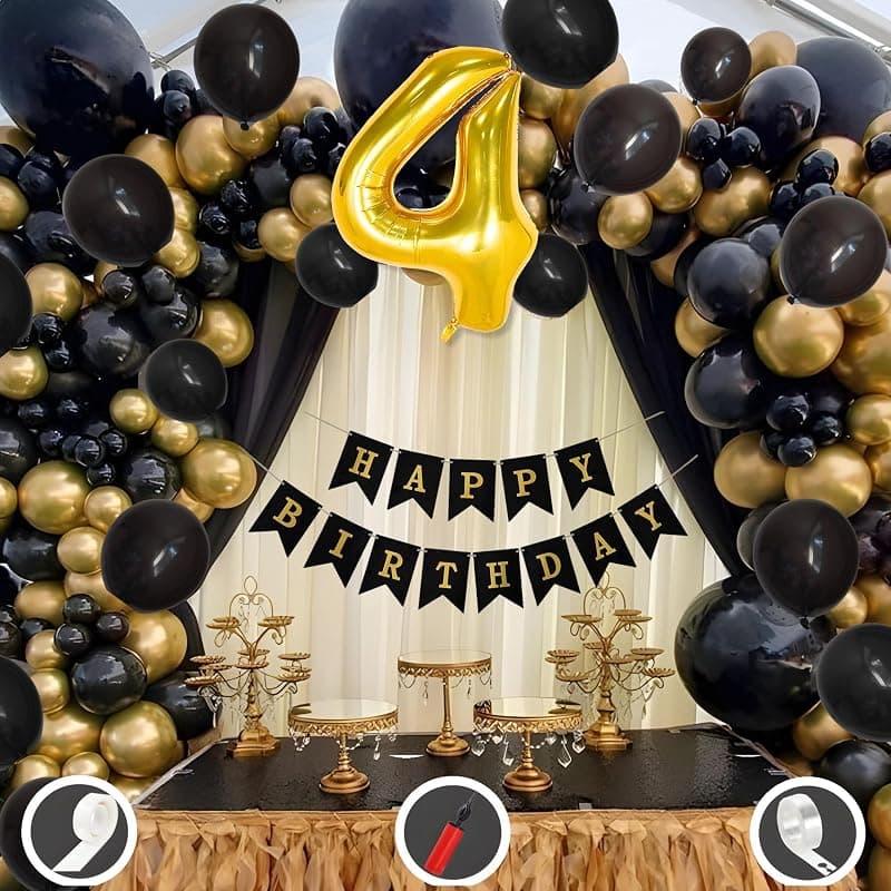 Mystic Toy Store 4th Birthday Decoration Items for Black and Gold Theme Combination for Boys Girls | 50 Pcs Black Gold Balloon | Black Birthday Banner | Balloon Pump | Arch Tape | Glue Dots