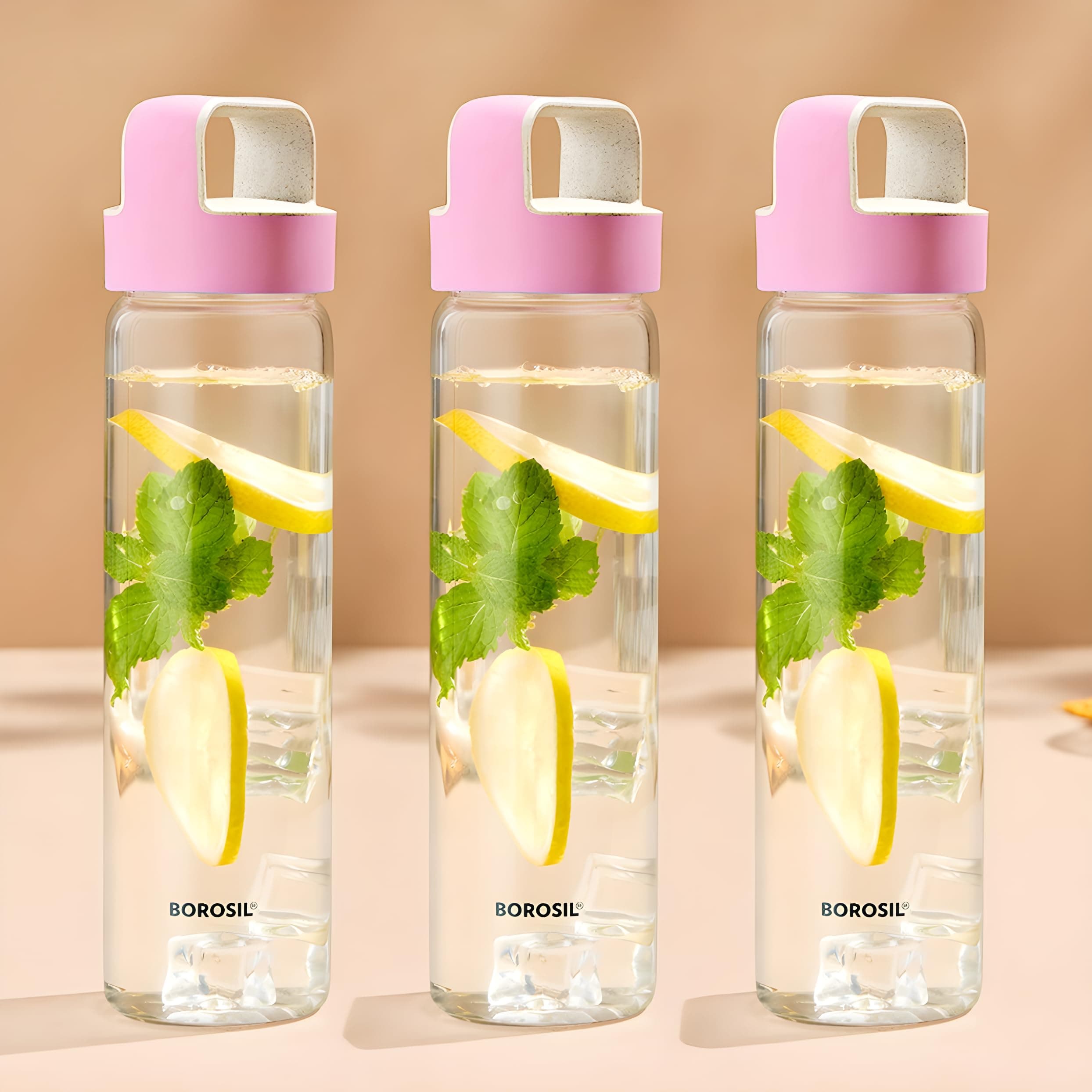 Borosil 550ml Neo Water Bottle Set with Lid | Borosilicate Glass Wide Mouth Bottle for Fridge | Extreme Temperature Resistant For Hot & Cold Water, Milk, Lassi, Juice (3pc Pack, Pink Husk Lid)