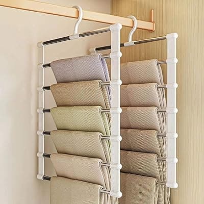 Space-Saving Stainless Steel Pants Hanger 6 in 1 - Foldable Multi-Layer Closet Organizer for Jeans, Trousers &amp; Leggings | Heavy-Duty Non-Slip Pants Rack
