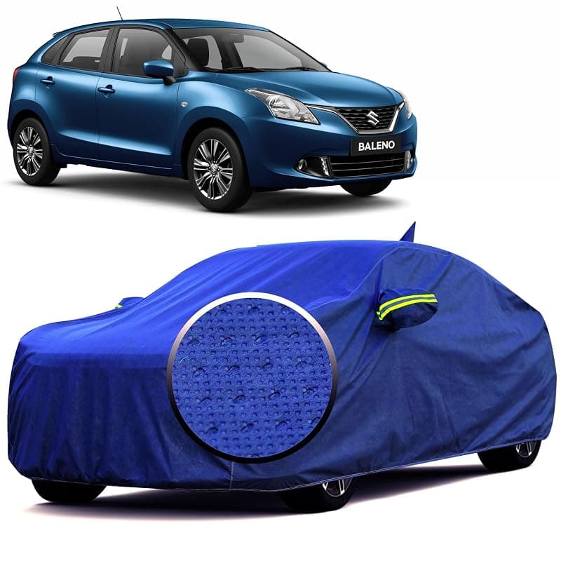 100% Waterproof 'BlueMax' Car Body Cover for Maruti Suzuki Baleno (2015-2021) Mirror Pocket, Heat & UV Protection, Triple Stitched, Soft Lining, Full Bottom Elastic Reflective Radium (Blue)
