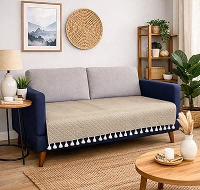 BSB HOME 3 Seater Quilted Velvet Sofa Cover with Tassels | Soft Washable Sofa Protector for Living Room | Elegant Furniture Cover for Home Décor (Beige)