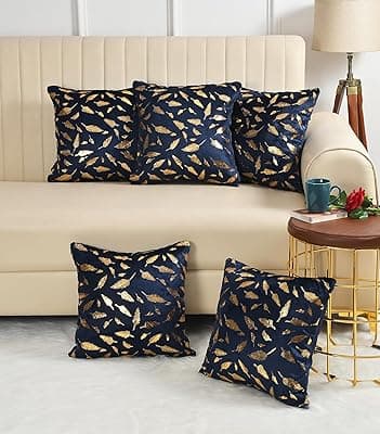 A Cube Luxury Solutions| Soft Velvet Fabric Feather Print Decorative Faux Fur Cushion Covers Set of 5 for Couch, Sofa, Bed (Blue, 16x16 inch)