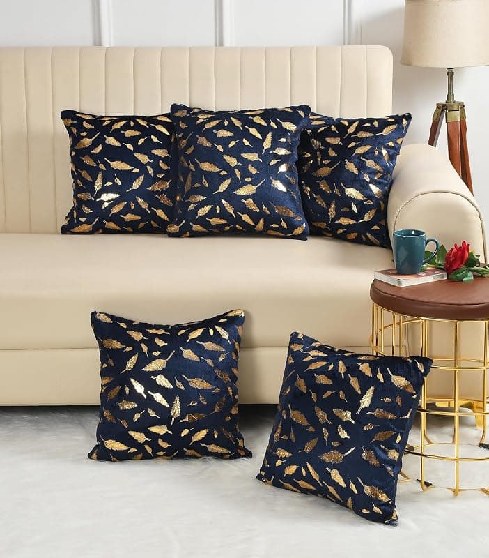 A Cube Luxury Solutions| Soft Velvet Fabric Feather Print Decorative Faux Fur Cushion Covers Set of 5 for Couch, Sofa, Bed (Blue, 16x16 inch)