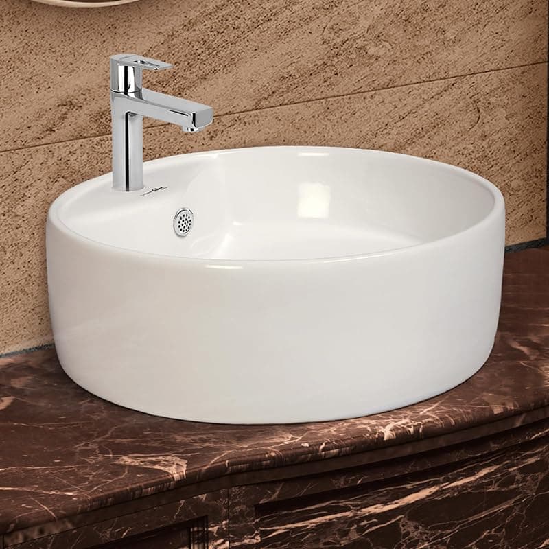 Hindware Italian Collection Solitaire Table Top Wash Basin for Bathroom | Made of Ceramic | Star White | Round Shape | Over the Counter Basin