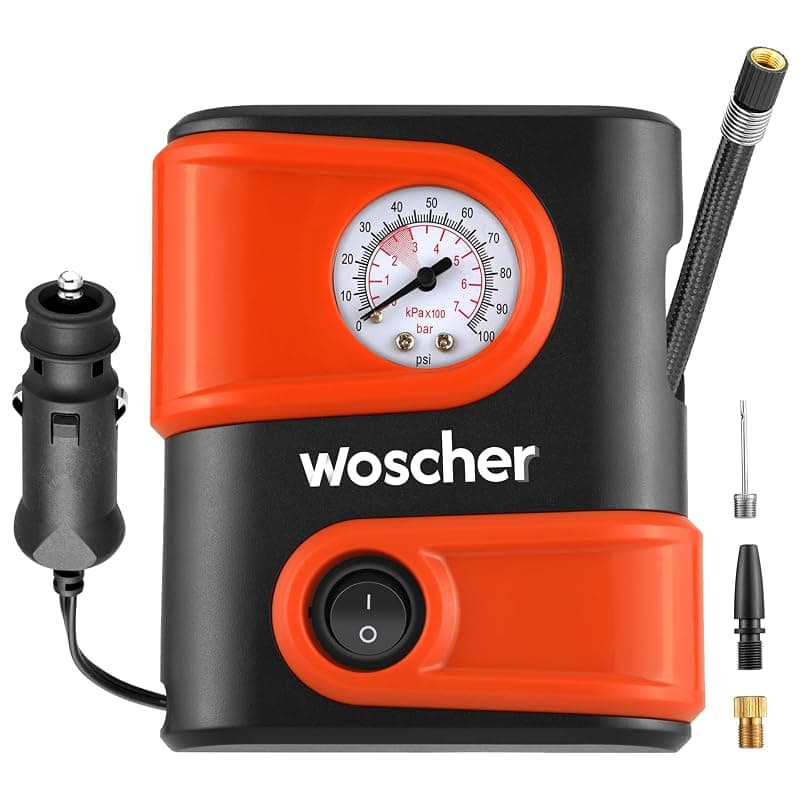 Woscher AirLite Tyre Inflator for Car and Bike, Air Pump for Car Tyre, 110 PSI Car Tyre Inflator Pump, Portable 12V DC Kit with Analog Gauge, LED Light & 2 Year Warranty