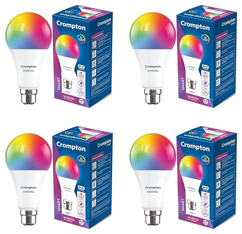 Crompton Immensa 9-Watt B22 WiFi Smart LED Bulb with Music Sync, 16 Million Colors, Compatible with Amazon Alexa and Google Assistant_Pack of 4