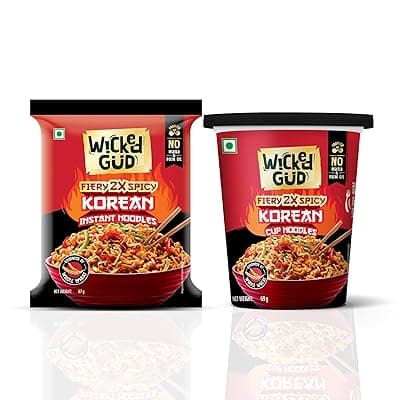 WickedGud Fiery 2X Spicy Korean Noodles | Instant Pack and Cup Combo Pack of 2 | Whole Wheat | No Maida | No Palm Oil | Vegetarian | 67g &amp; 69g