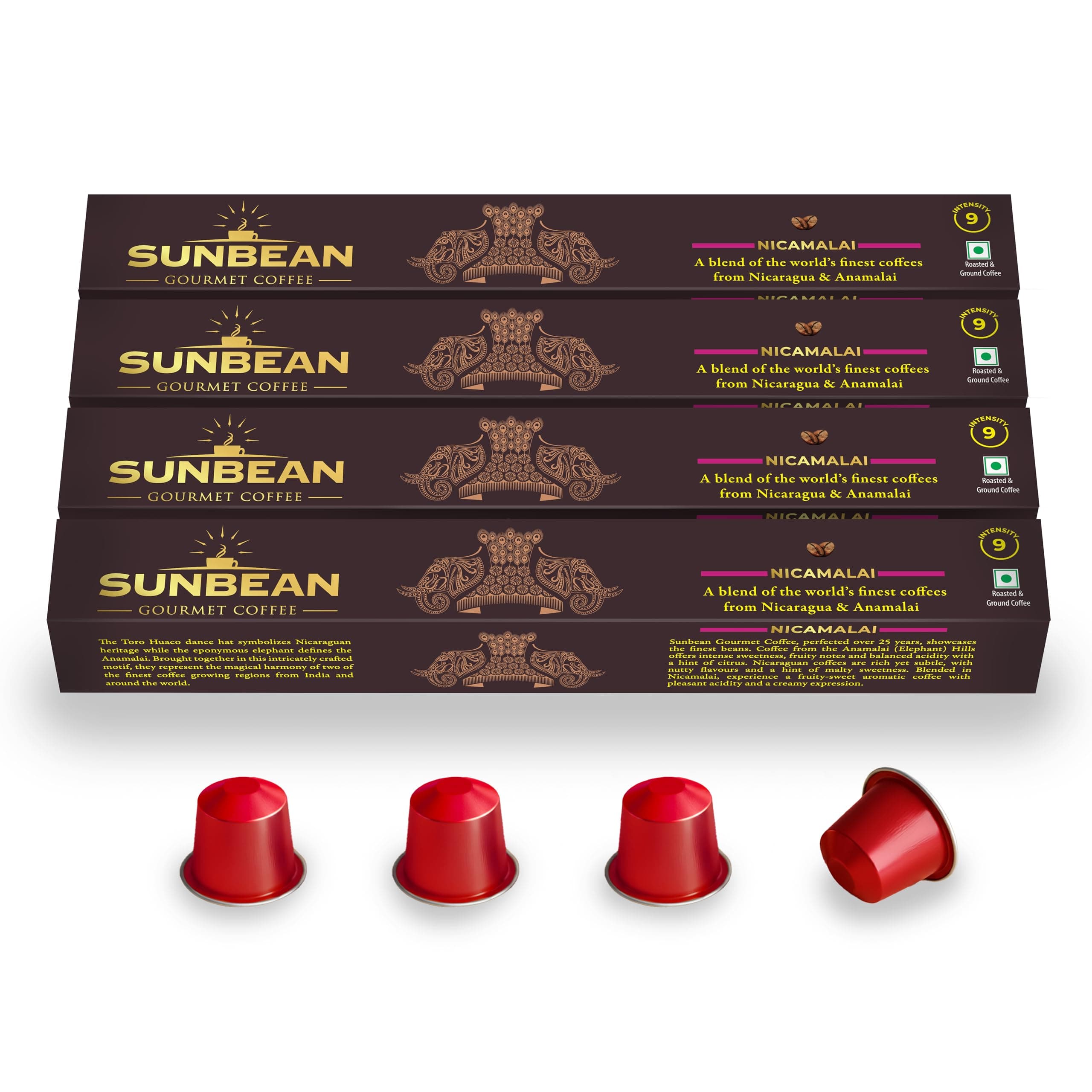 SUNBEAN Nicamalai Gourmet Coffee Capsules Box | Intensity - 9 | Nespresso® Compatible | Single Serve | Medium-Dark Roast | Pack of 40