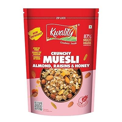 Kwality Muesli – Almond, Raisins &amp; Honey 750g | 87% Multi Grains | High-Fibre, Protein-Rich Multigrain Breakfast Cereal with Rolled Oats, Crunchy Nuts &amp; Natural Honey, No Preservatives
