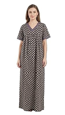 Evolove Cotton Nighty Maxi for Women with Side Pocket | Floral Print Round Neck Short Sleeves Full Length Night Wear Gown