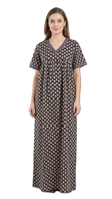 Evolove Cotton Nighty Maxi for Women with Side Pocket | Floral Print Round Neck Short Sleeves Full Length Night Wear Gown