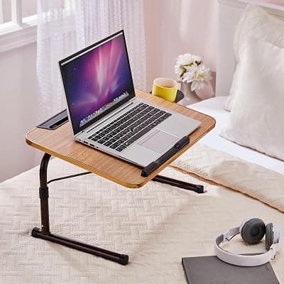 Amazon Basics Iconic Lap Desk | Height Adjustable Laptop Table | Adjustable Table Angle | Cupholder | Carbon Steel | Foldable | Teak | 35 cm - H, 36 cm - L, 48 cm - W