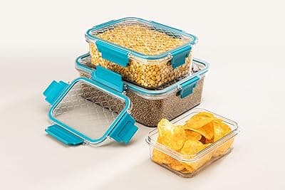 ATTRO Smart Lock Fridge Containers PET Plastic Jars Airtight Lids Multi-Purpose Kitchen Organiser for Pulses Cereals Spices & More – Light Blue- Set Of 3-350ml, 750ml, 1500ml