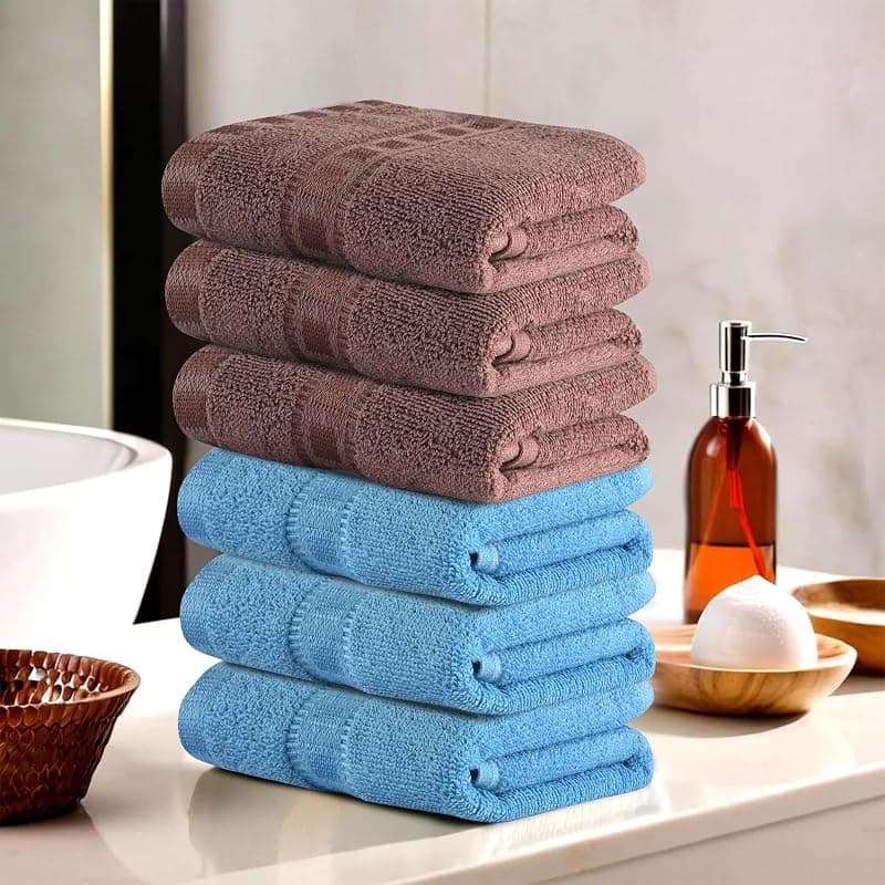 Urbane Home Pack of 6 Cotton Hand/Face Towels for Men & Women | Easily Washable | Workout Gym Napkins for Men | Pocket Towel - Sky Blue & Brown