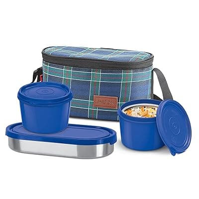 MILTON Decker Lunch Box with Insulated Fabric Jacket, 2 Inner Stainless Steel Containers 450 ml Each &amp; 1 Oval Stainless Steel 450 ml, Microwave Safe, Leak-Proof Tiffin for Office, Easy to Carry, Blue