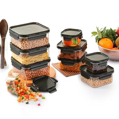 CELLO Modulock Storage Container Set of 9, (260ml, 600ml, 1000ml x 3 Each), Transparent | Food Grade Stackable Air Tight Plastic Kitchen Fridge Container Box Sets For Grains, Pulses, Spice &amp; Cookies