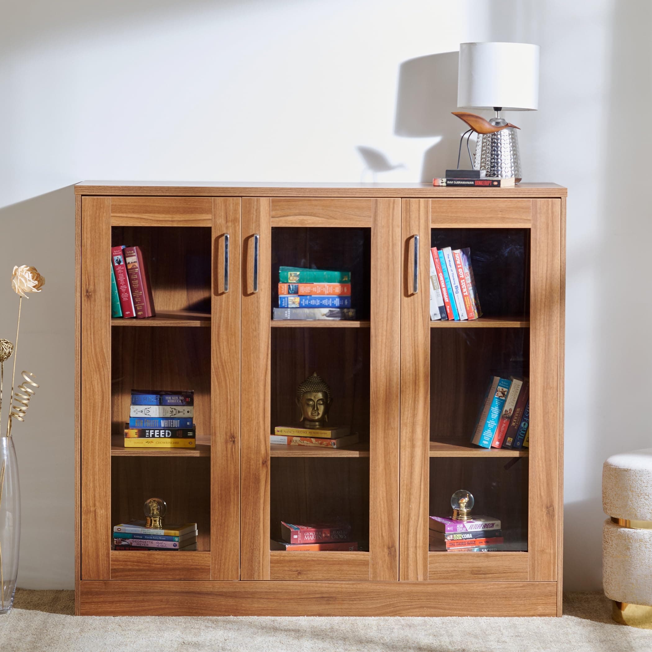 Home Centre | Quadro 3-Door Book Cabinet | Engineered Wood | Brown | 1 Year Warranty