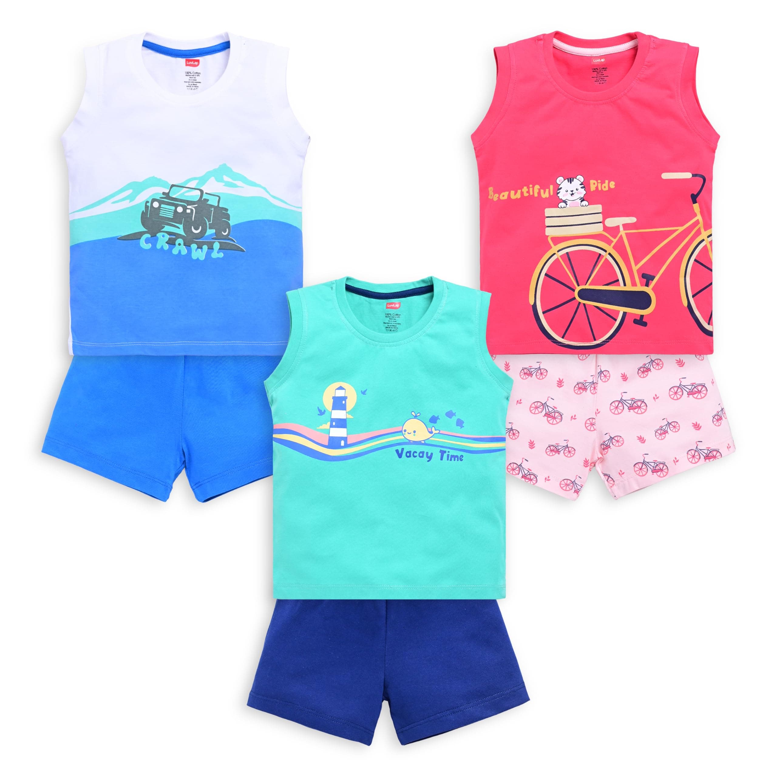 LuvLap Baby Boys 100% Cotton Sleeveless Boys Tank Top & Shorts Sets Pack Of 3, Coral Red, Aqua Green & White, L (6 to 12 Months)