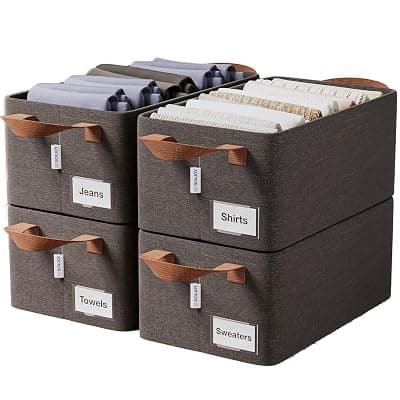 4 Pcs Wardrobe Cloth Organizer for Storage Box with Label Card & Holder | Foldable Clothes Organiser with Steel Frame & Handle | Smart Jeans Kapde Closet Basket for Cupboard in Almirah Shelf