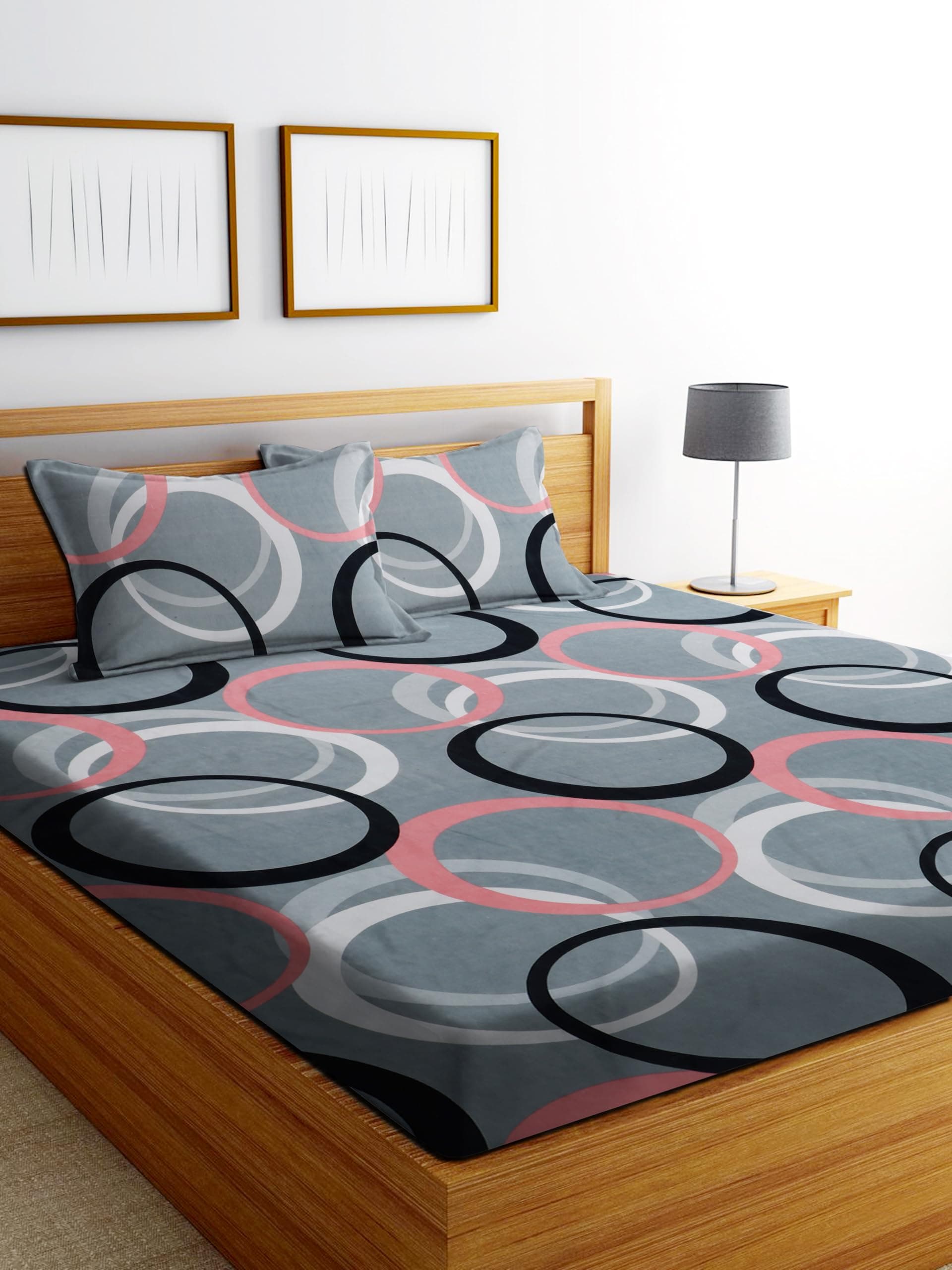 DECORUM Glace Cotton Fitted 1 Bedsheet King Size (72"x78") | All Around Elastic | Cotton Feel | 2 Pillow Covers (17"x27") | Fits Up to 8" Mattress | 200-220 TC | Printed Double Bed Sheet Set