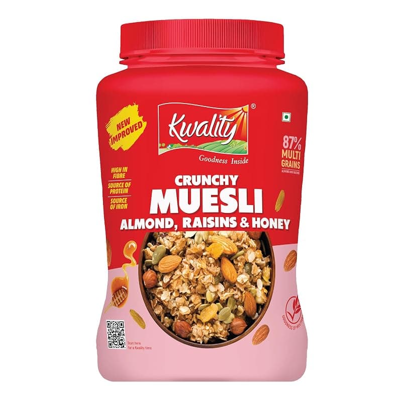 Kwality Muesli Crunchy Almonds, Raisins &amp; Honey 900g | 87% Multi Grains| Natural Source of Vitamin &amp; Iron, High in Protein &amp; Fiber, Low Fat &amp; Cholesterol-Free