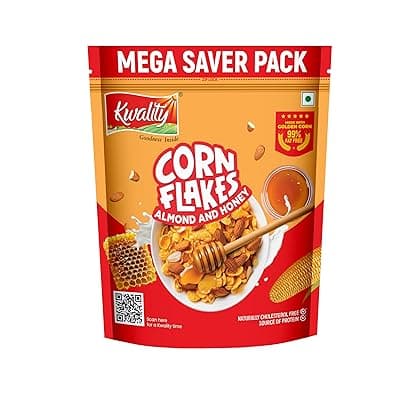 Kwality Corn Flakes with Almond &amp; Honey 1kg | Made with Golden Corns | 99% Fat-Free | High in Protein, Zero Cholesterol | Healthy Breakfast Cereal