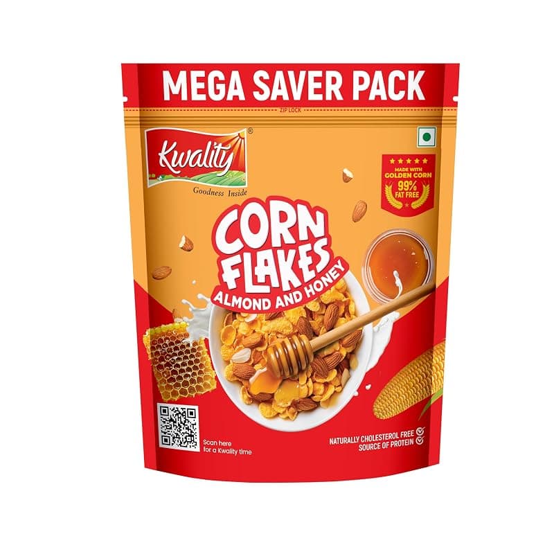 Kwality Corn Flakes with Almond &amp; Honey 1kg | Made with Golden Corns | 99% Fat-Free | High in Protein, Zero Cholesterol | Healthy Breakfast Cereal