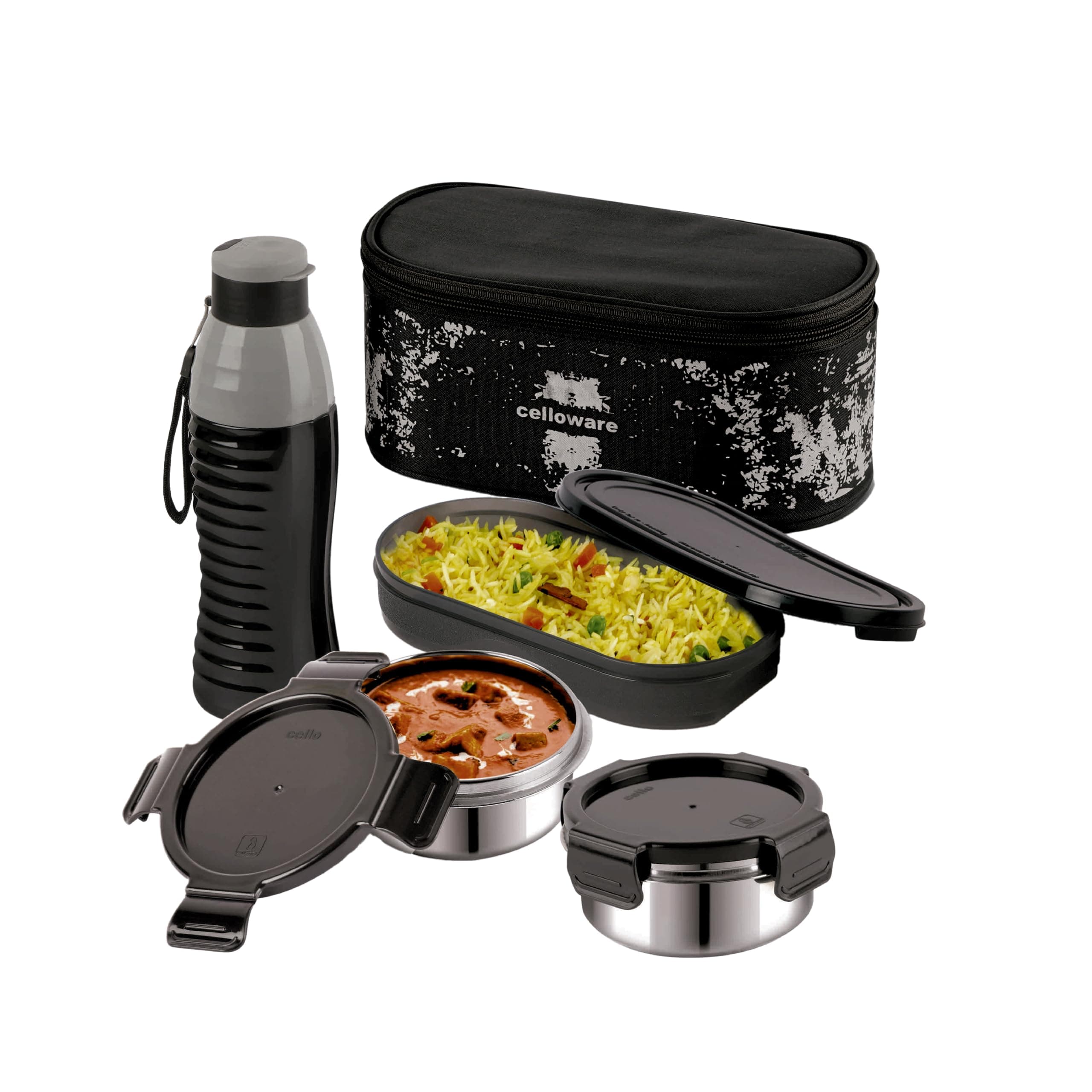 CELLO Gemini Lunch Box with Insulated Water Bottle | Gift Set | 3 Containers + 1 600ml Insulated Bottle | Easy to Carry Jacket | Airtight & Leakproof | Ideal for School, Office & College | Black