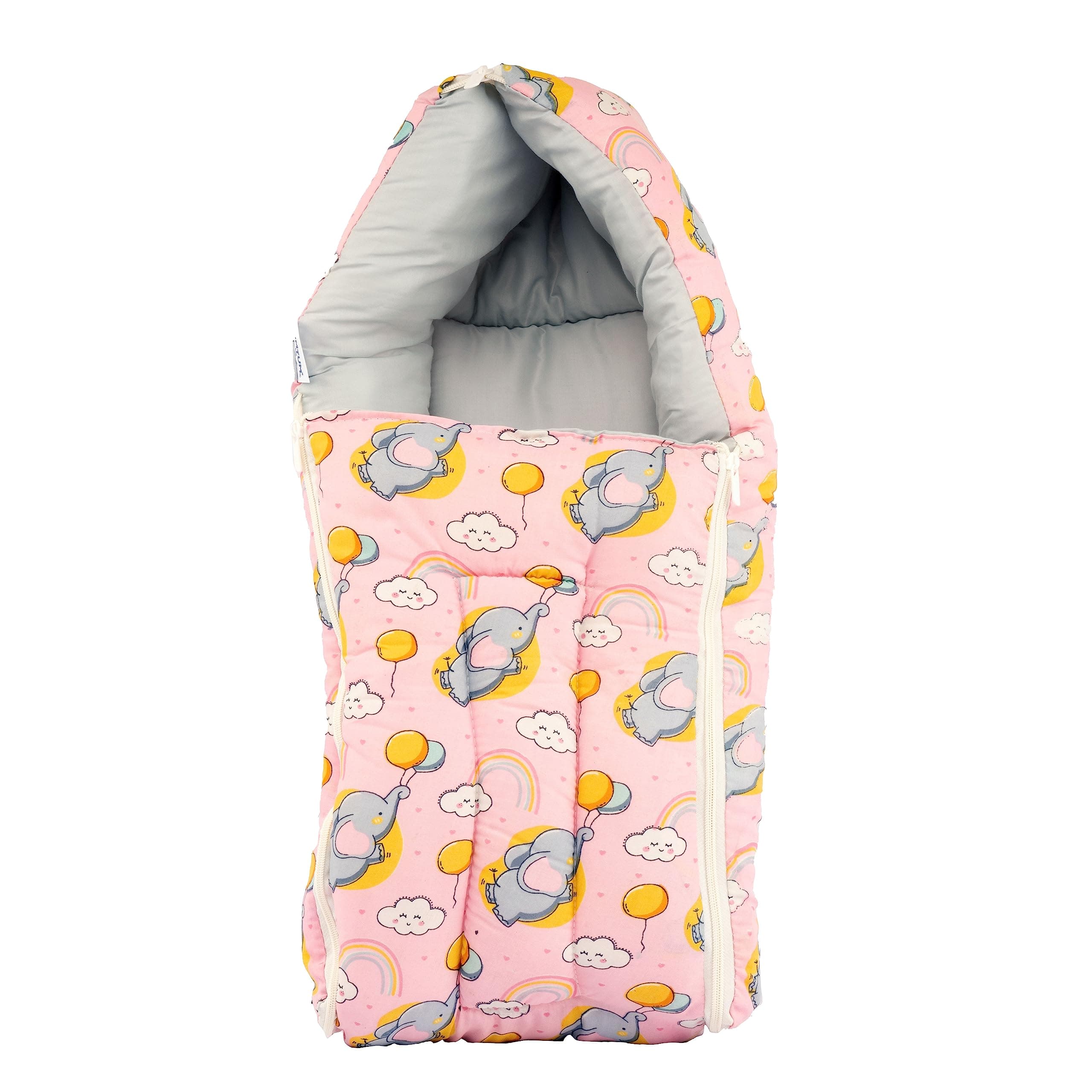BUMTUM 0-6 Months New Born Baby Unisex Cotton Carry Bag/Sleeping Bag, 3 in 1 Baby Bed, Carry Nest for Infant, Elephant Print (Baby Pink)